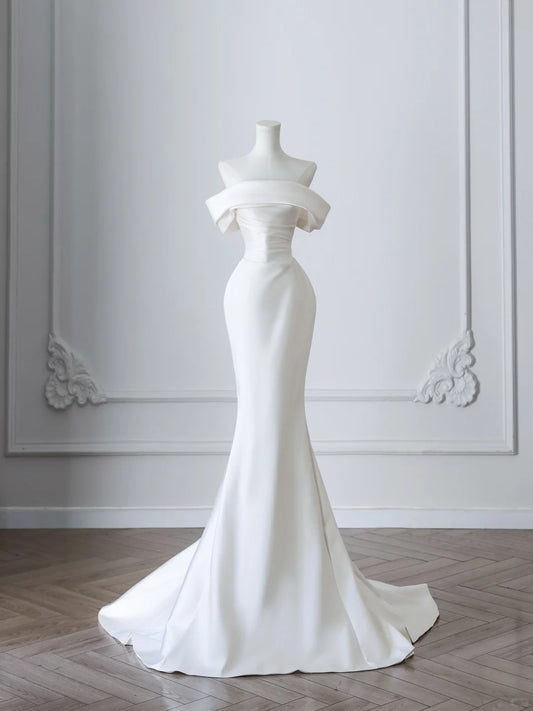 White Mermaid Satin Elegant Long Ball Gown Evening Gown Graduation Gown Wedding Dress nv4334