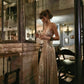 Robe de soirée longue à fines bretelles et sequins couleur champagne pour gala/fête NV6543