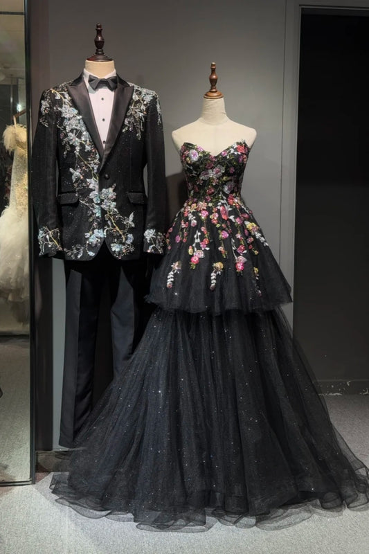 Robe de bal longue en mousseline noire à motif floral exquis NV6622