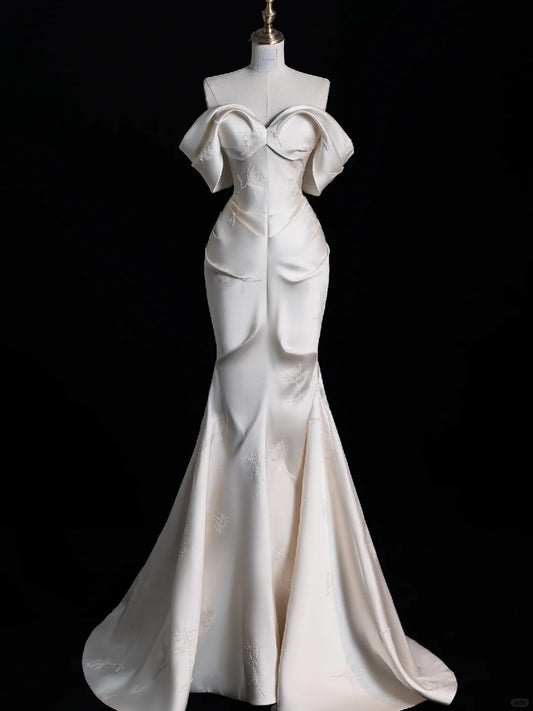 White Gorgeous Exquisite Beaded Long Satin Floor Length Mermaid Slim Ball Gown Evening Gown Wedding Dress nv4124