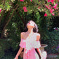 Robe sirène rose dégradée à volants : décolleté en V épaules dénudées, coupe ajustée, style romantique français NV6401