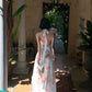 Robe longue dos nu imprimée roses de jardin français, style féerique NV6403
