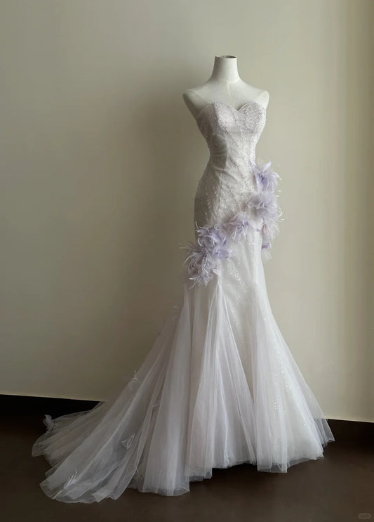 White Fashionable Elegant Exquisite beaded Light Purple Floral Long Mermaid Slim Fit Floor-Length Tulle Ball Gown Evening Gown Wedding Dress nv4046