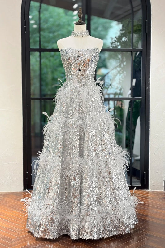 Robe de bal longue sans bretelles argentée à paillettes et diamants, style scintillant étoilé - Robe spectaculaire pour dîner et remise de prix NV6358