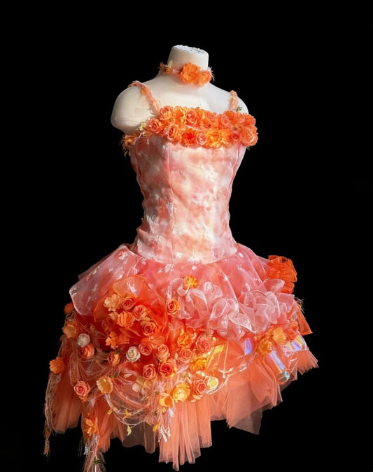 Robe de bal courte à fleurs dégradées 3D Orange Flame Flower Cluster NV6569