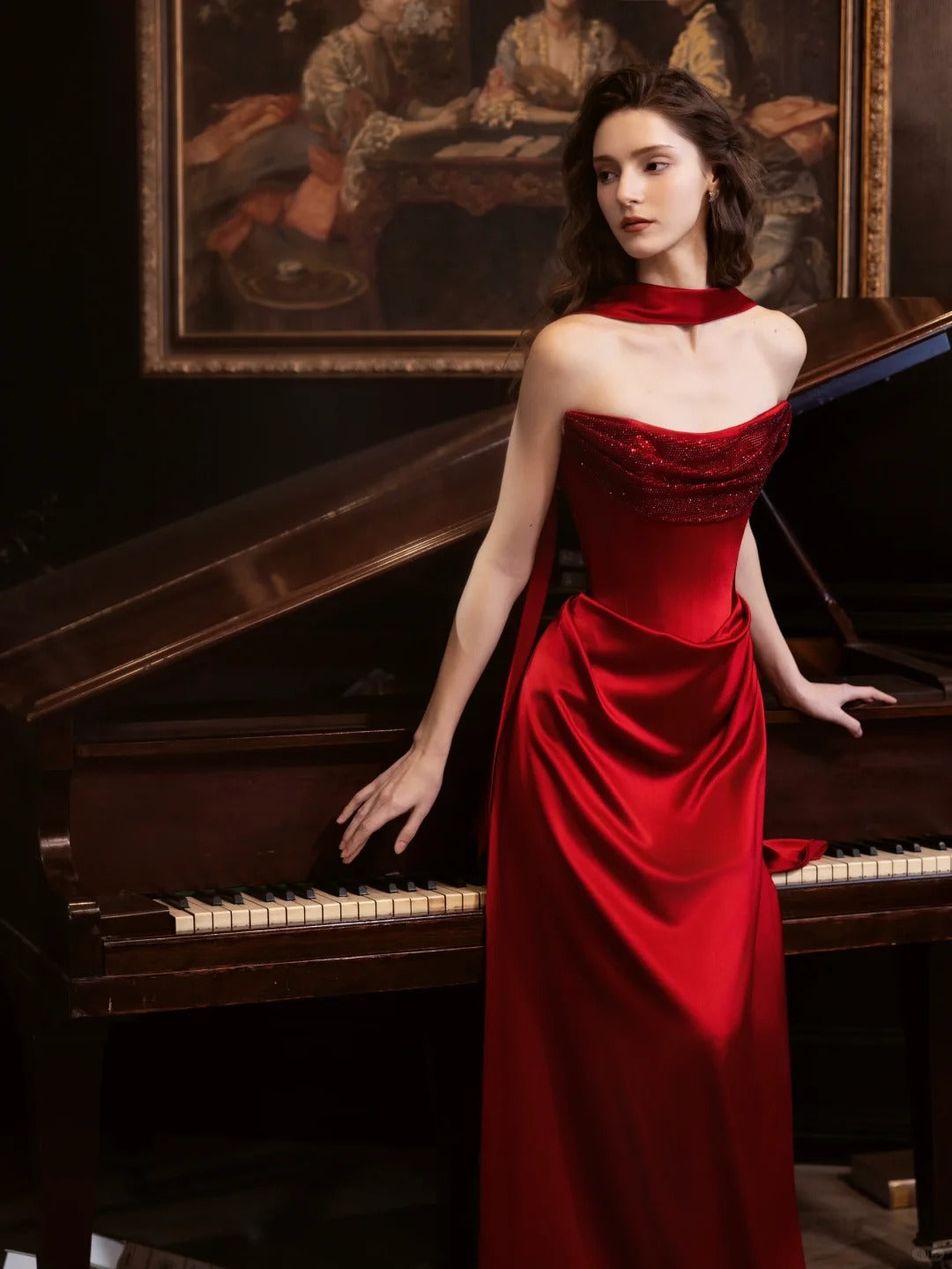 Red prom dress shiny elegant satin long evening gown graduation dress nv4226