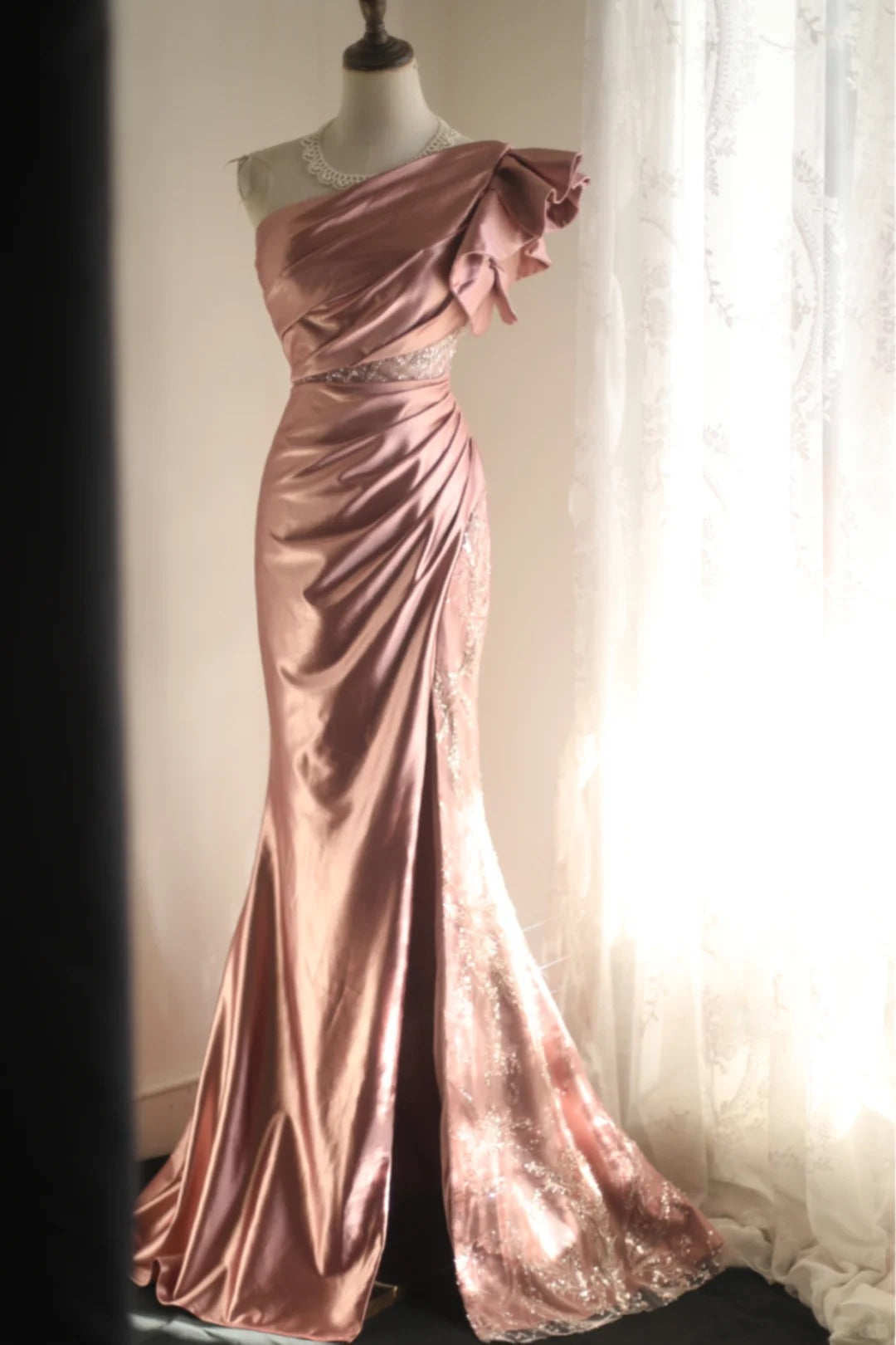 Pink Beaded Elegant Long Satin Floor Length Ball Gown Evening Dress Party Dress nv4187