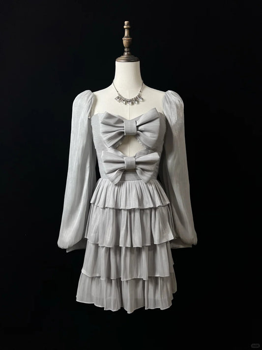 Silver Cute Short Satin Homecoming Dress Birthday Dress nv4788