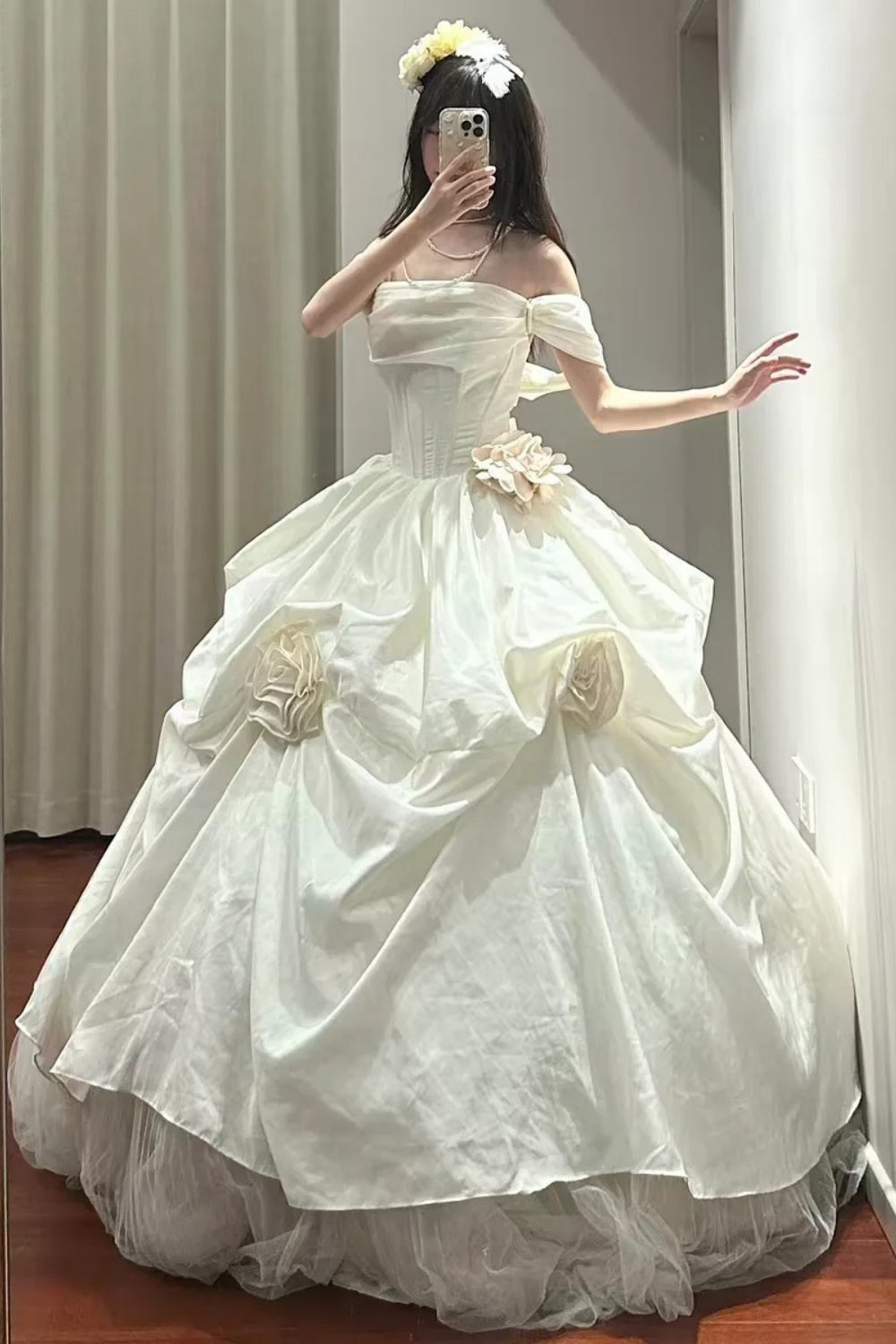 Robe de bal longue princesse blanche à fleurs NV6858
