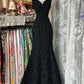 Robe sirène noire à motifs : col en V, sans manches, brocart rétro, style élégant pour banquet NV6399