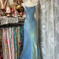 Blue Shiny Mermaid Retro Elegant Long Satin Homecoming Dress Birthday Party Dress nv4627