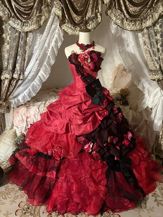 Red floral lace tulle floor-length ball gown nv5170