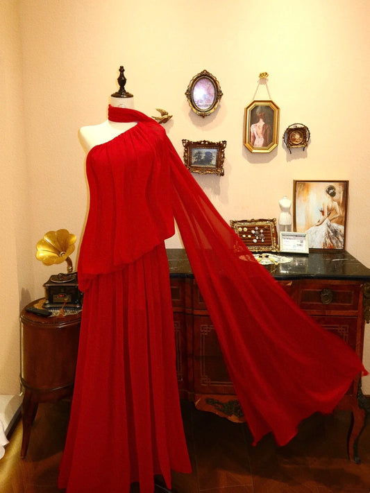 NiceVestidos--Romantic Red Carpet - Style Chiffon Gown, Long One - Shoulder Flowing Sleeve Celebration Dress NV5822