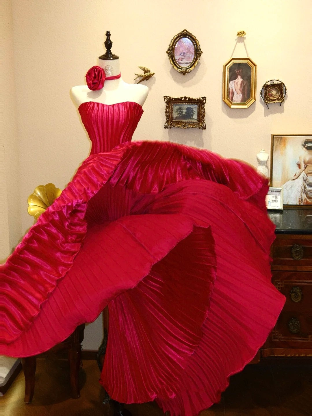 NiceVestidos--Vintage Style Satin Pleated Gown, Long Sleeveless Strapless Banquet Dress NV5824