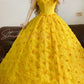 Yellow Vintage Elegant Floral Beaded Long Tulle Princess Ball Gown nv5009