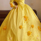 Yellow floral beaded long satin vintage ball gown nv5039