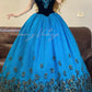 Blue Floral Vintage Elegant Long Princess Tulle Ball Gown nv5026