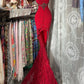 Magnifique robe de soirée/robe de cocktail longue en dentelle rouge vintage NV6859