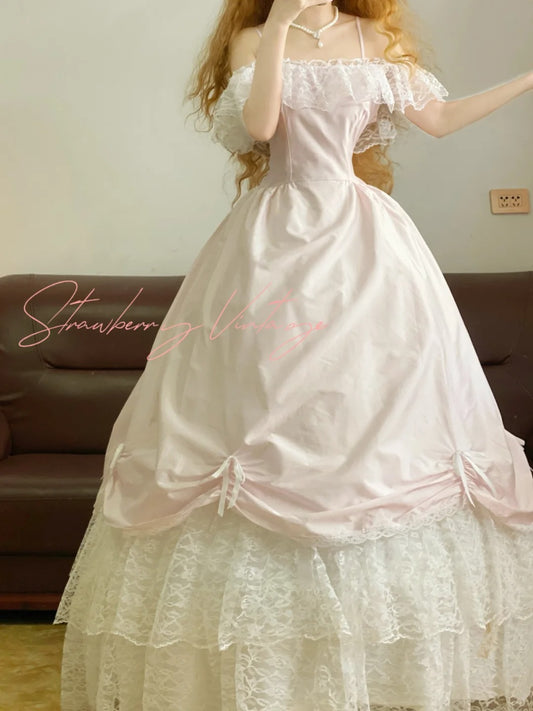 Pink Elegant Lace Long Tulle Ball Gown Evening Dress nv5018