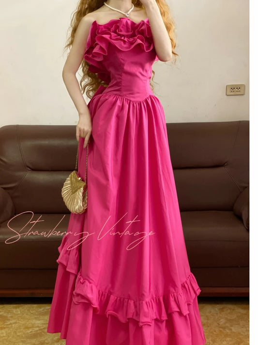 Pink Vintage Elegant Floral Long Satin Princess Evening Dress Birthday Party Dress nv5007