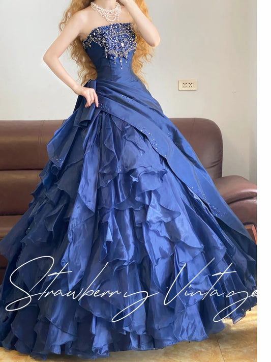 Dark blue beaded vintage elegant long princess satin tulle ball gown nv5032