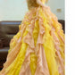 Yellow Beaded Gradient Long Tulle Ball Gown Princess. nv5079