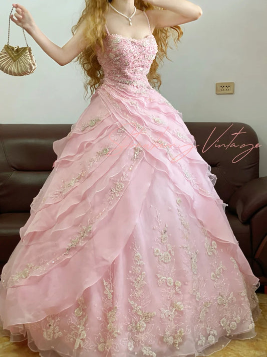 Pink Floral Elegant Tiered Long Tulle Ball Gown Evening Dress nv5019