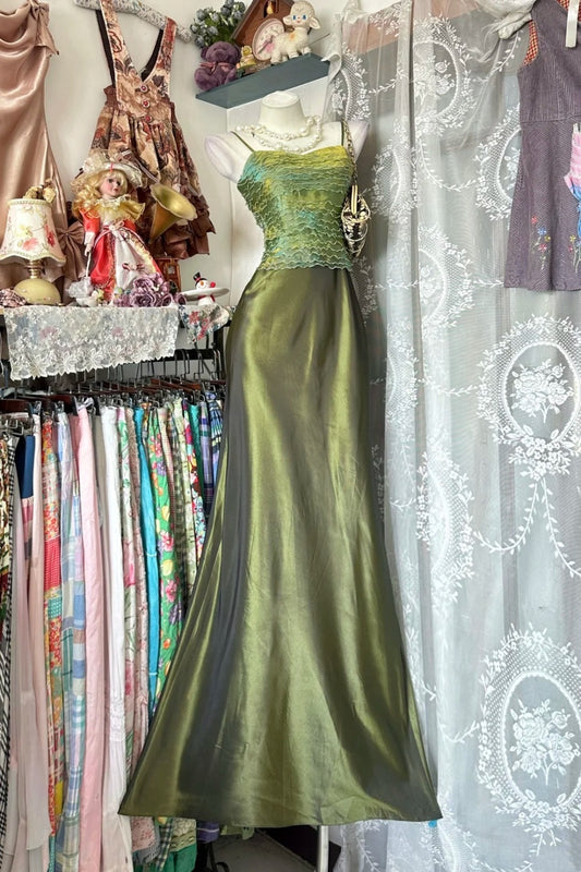 Robe de soirée longue en satin vert rétro élégant NV6739