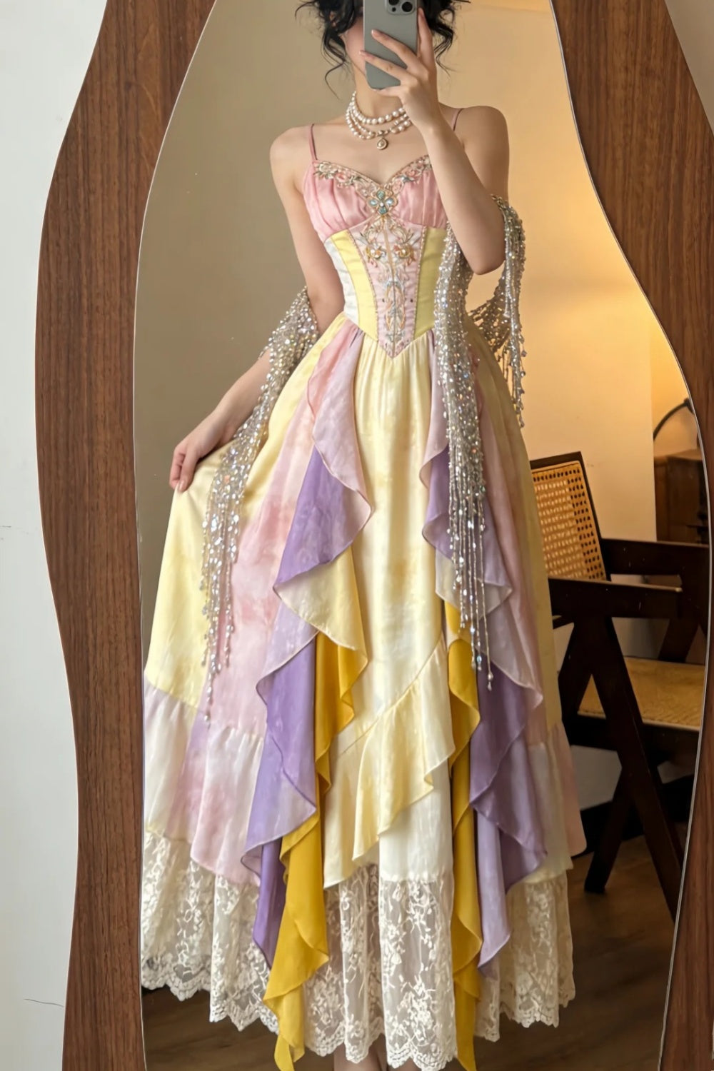 Robe de soirée longue à franges, bretelles spaghetti, en velours bicolore macaron NV6557