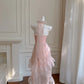 Pink Beaded Halter Elegant Long Ruffle Chiffon Ball Gown Evening Dress Party Dress nv4186