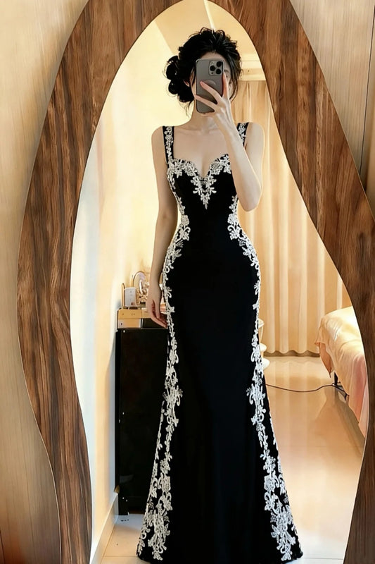 NiceVestidos-_Black lace long satin formal dress for evening parties NV5968