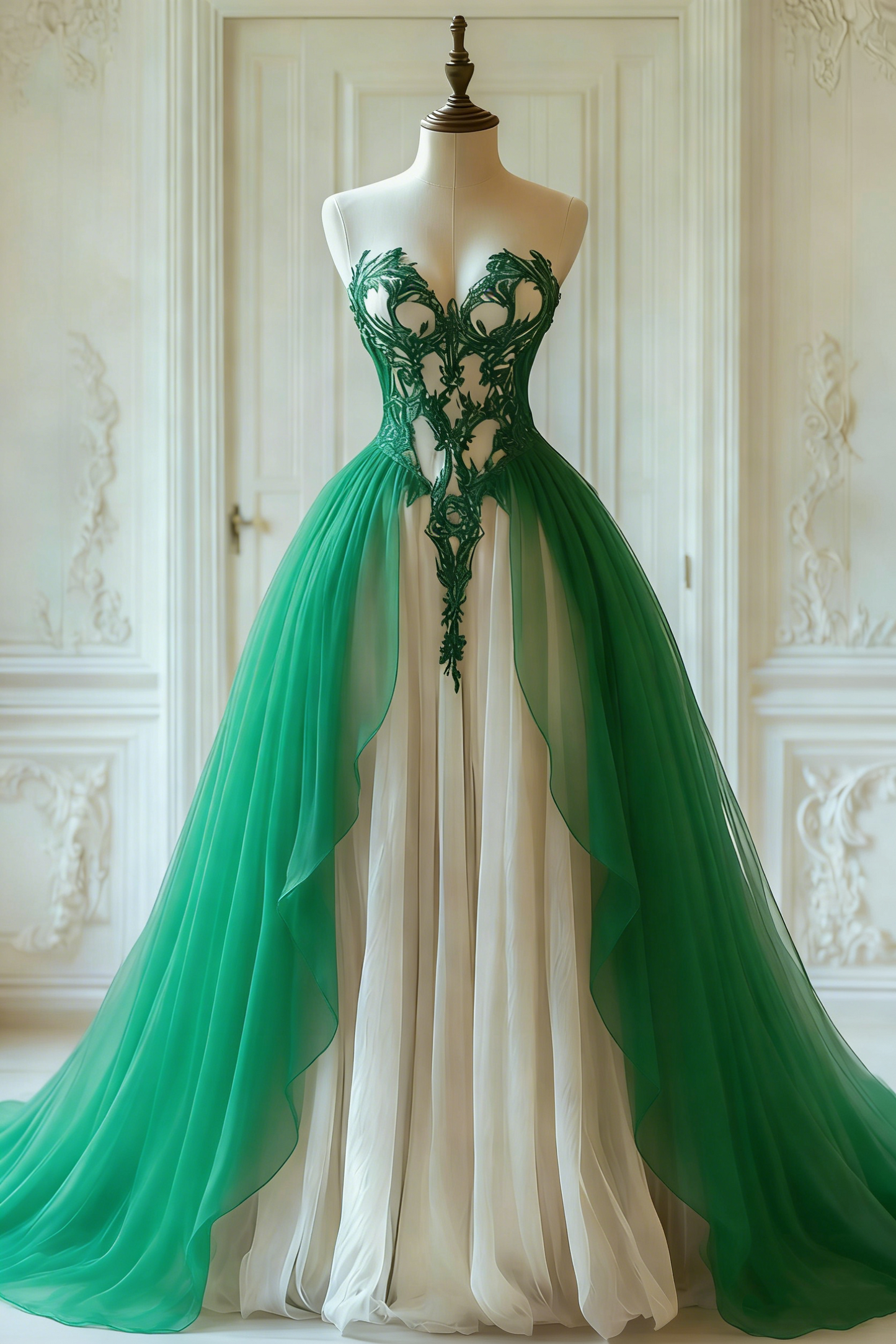 Robe gothique longue en tulle et dentelle noire et blanche à empiècements et manches papillon, modèle NV6172