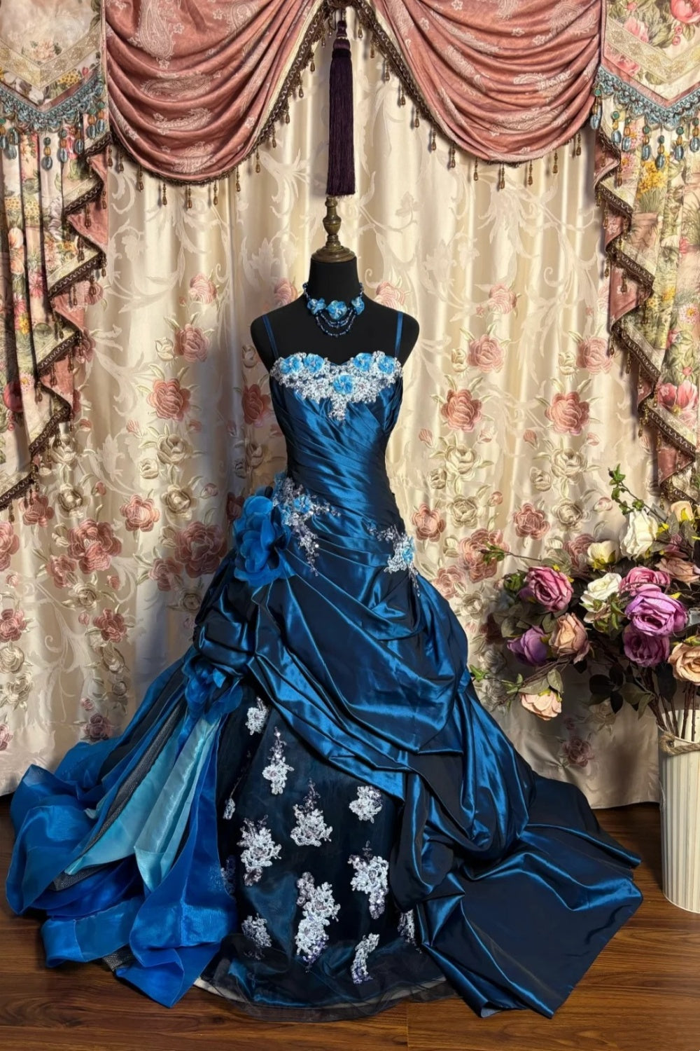NiceVestidos-_Vintage Deep Sea Blue Satin 3D Floral Embroidered Sequin Court Style Ball Gown NV5913