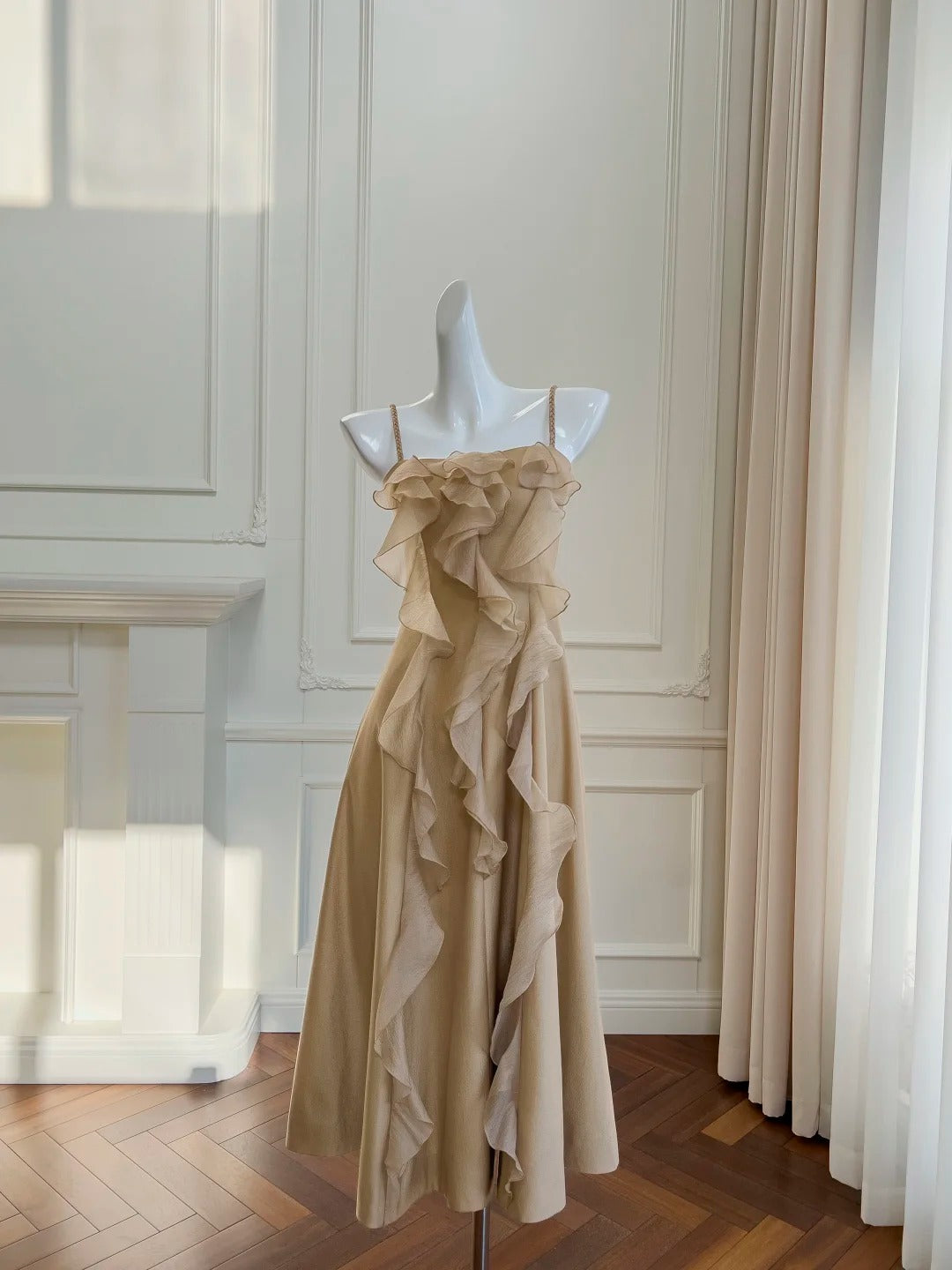 Light Brown Elegant Long Spaghetti Strap Chiffon Homecoming Dress Prom Dress Evening Dress Party Dress nv4142