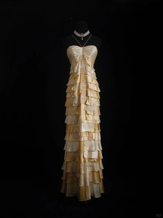 🧡Vintage brown and yellow sequined chiffon long ruffled ball gown party dress nv5208