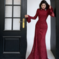 Robe de soirée vintage en dentelle bordeaux à traîne ajustée et col montant et manches évasées NV6794