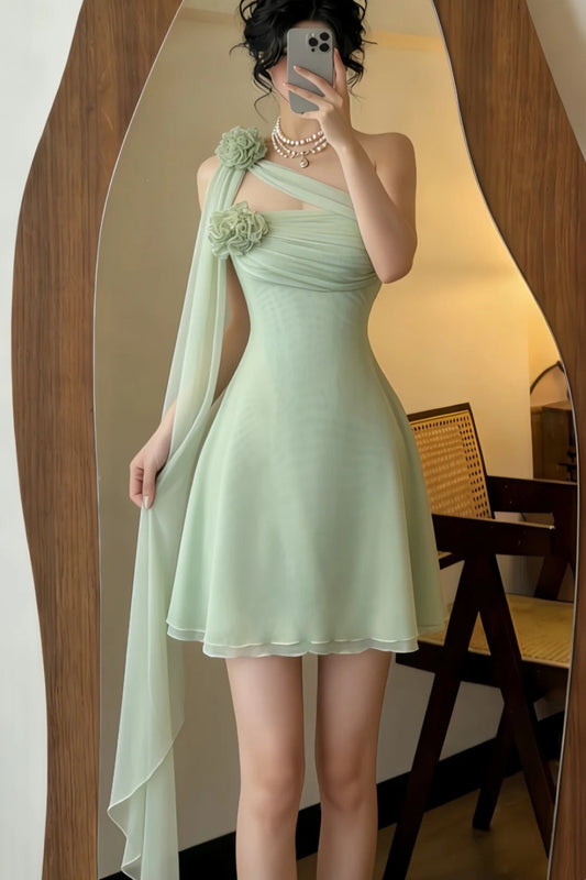 Robe de soirée courte asymétrique en mousseline vert menthe à motif floral 3D NV6560