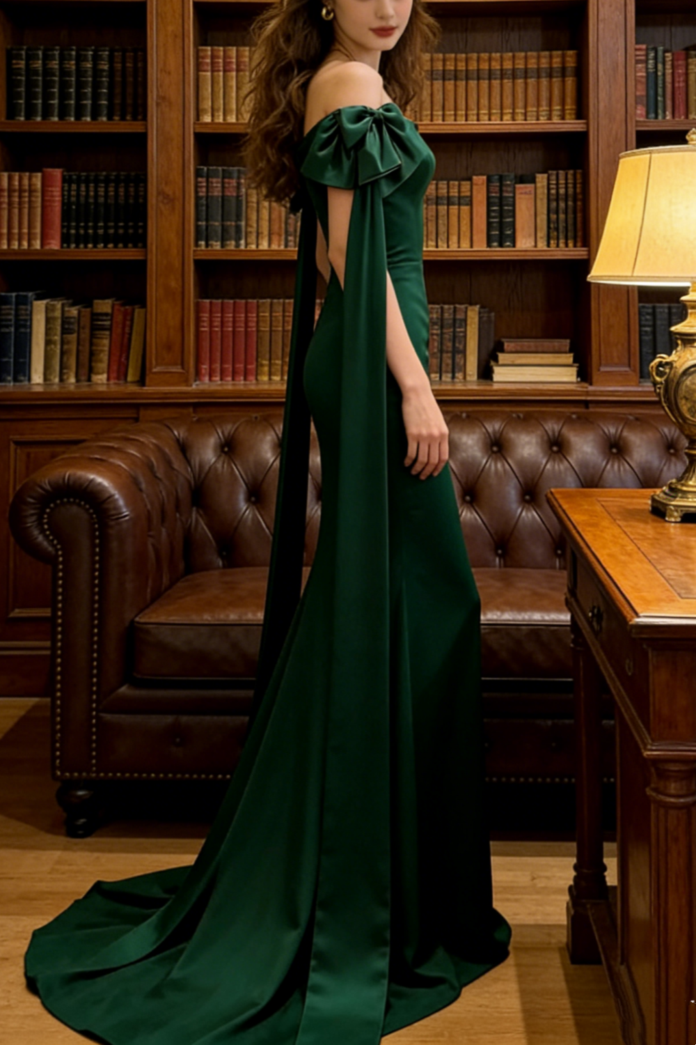 Robe longue vert émeraude à épaules dénudées et nœud papillon - Corset ceinture et traîne sirène - Robe de soirée/tapis rouge/bal à thème NV6823