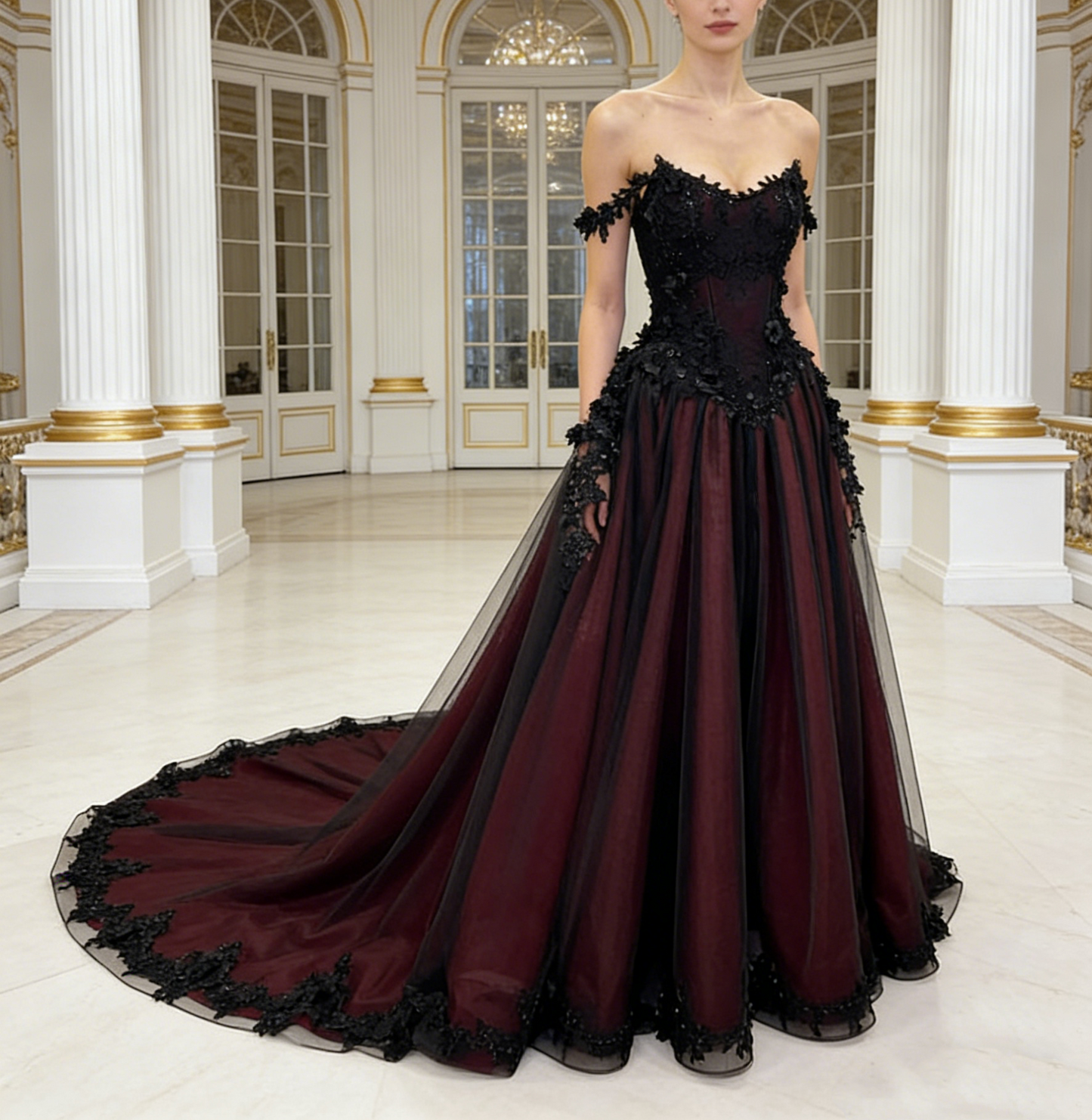 Robe bustier bordeaux en dentelle noire - Robe de bal épaules dénudées pour soirée/bal/tapis rouge NV6803