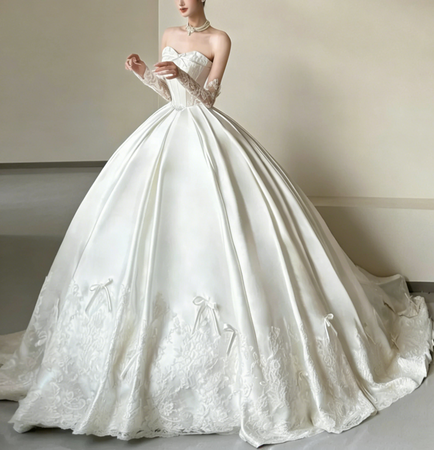 Satin Strapless Lace Train Bridal Gown - Vintage Court Style Wedding Dress NV6761