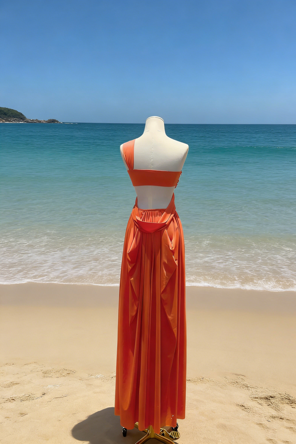 Robe longue asymétrique orange vif mat à nœud torsadé et dos nu - Robe longue drapée de luxe avec ceinture NV6783