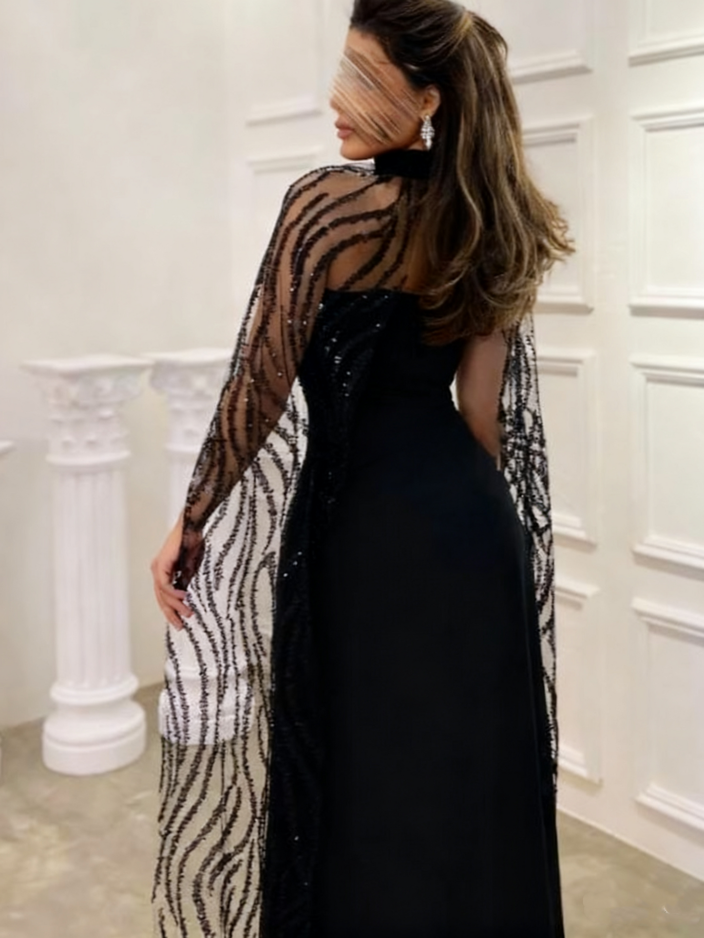 Robe de soirée longue noire glamour avec châle, NV2518