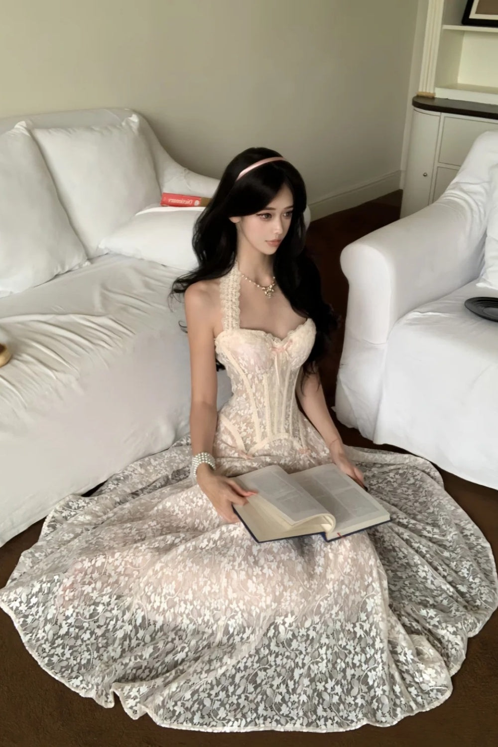 Robe de soirée longue en dentelle à imprimé floral délicat NV6572