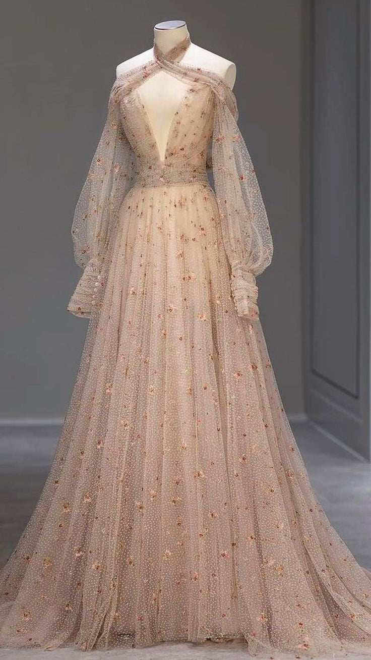 Nude Pink Gorgeous Shiny Fashion V-neck Exquisite Floral Long Sleeves Elegant Tulle Evening Dress Ball Gown Party Dress Prom Dress nv3812