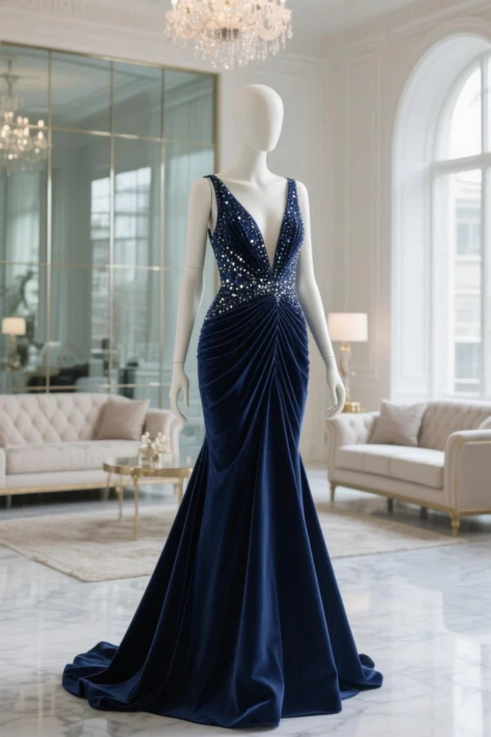 Robe longue en velours bleu marine à décolleté cœur NV6684