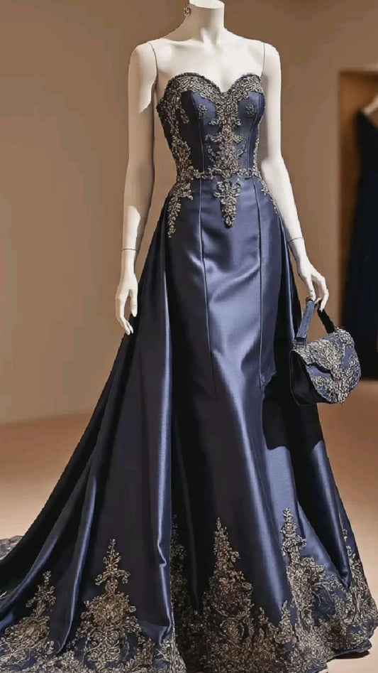 Robe bleue style diva rétro : tissu satiné, richement ornée, robe de soirée NV6424
