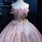 Light Pink Strapless Princess Evening Gown 3D Roses Lace Boned Shimmer Organza Big Ball Skirt Long Prom Dress  NV7021