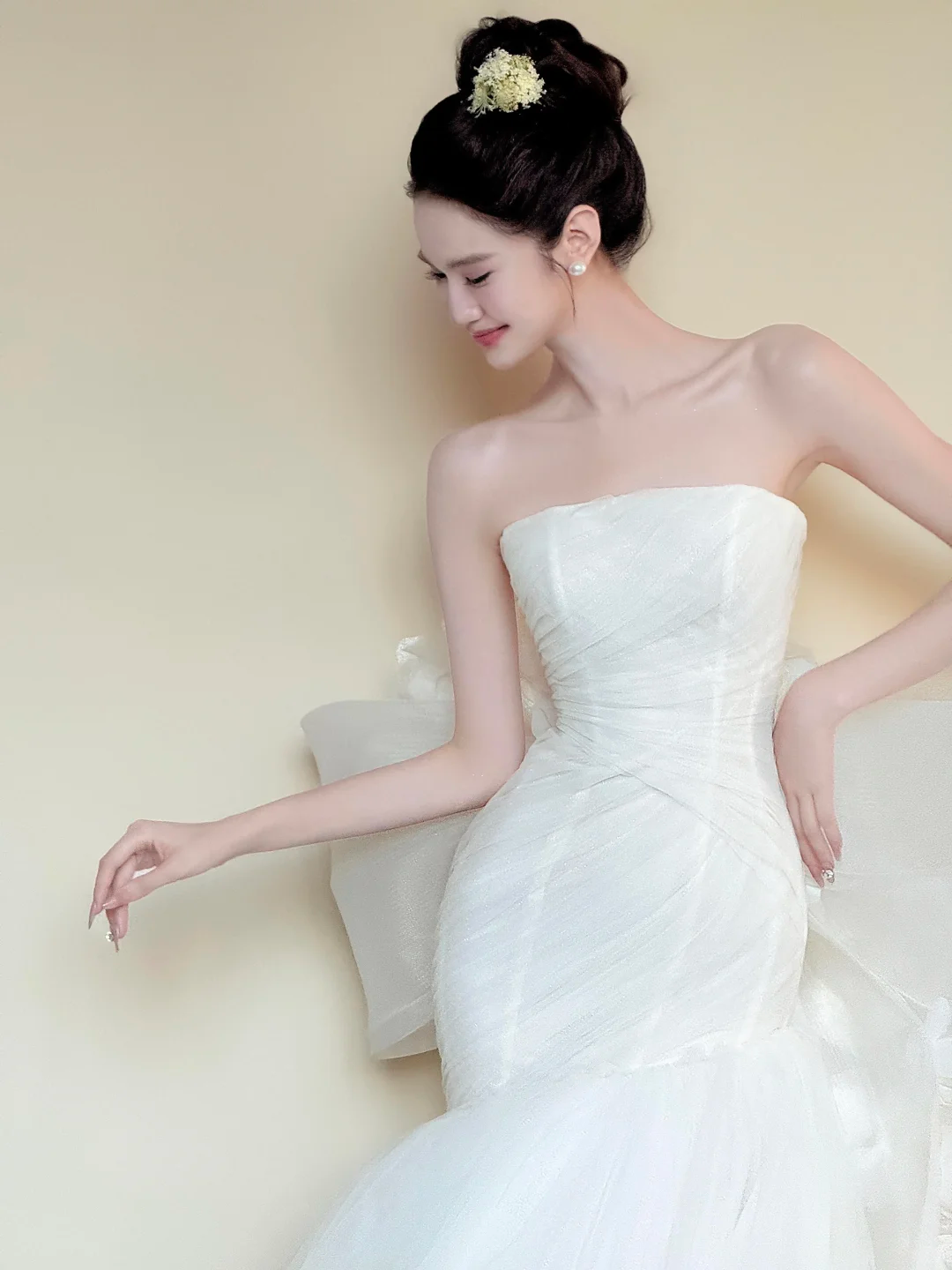 Strapless 3D Floral Tulle Mermaid Wedding Dress with Detachable Sleeves  NV7435