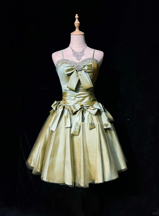 Sage Green Spaghetti Straps Short Prom Dress Rhinestone Trim Satin Bows Voluminous Tulle Mini Formal Gown  NV6894