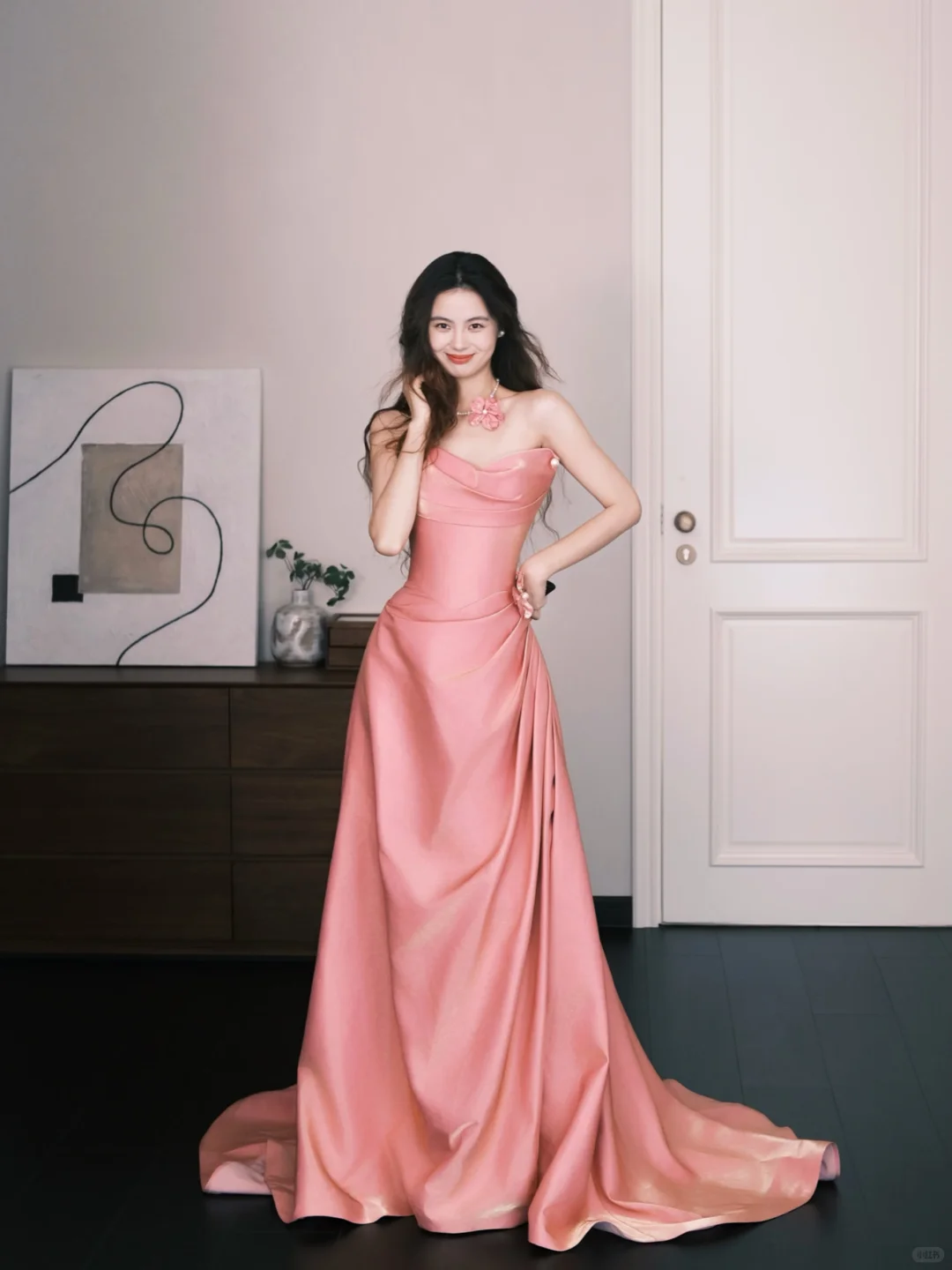 Strapless Cowl Neck Dusty Pink Satin Evening Dress with 3D Flower  NV7358
